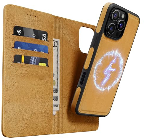 OASISBLUE iPhone 16 Pro Hülle,[2 in 1 Magnetisch Abnehmbar] Kabelloses Laden Kompatibel Stoßfest Schutzhülle Lederhülle Klapphülle Handyhülle für iPhone 16 Pro - braun