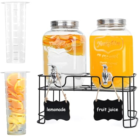 2 Pack 1 Gallon Glass Drink Dispensers,Beverage Jars with Stand | Leak-Proof Spigot, Ice Cylinder & Chalkboard Labels - Perfect for Lemonade, Iced Tea, and Party Drinks