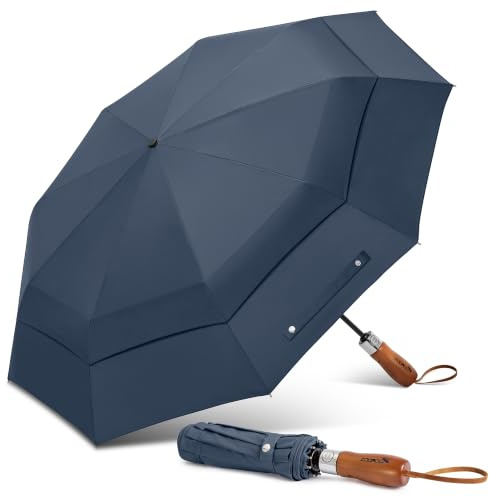 ZOMAKE Regenschirm groß sturmfest, großer Taschenschirm 139 cm, 2 Personen | Windfestes Doppeldach, leichter Schirm, stabiler Rahmen, Automatik, 210T Teflon-Beschichtung, Holzgriff, Herren, Damen, Reise