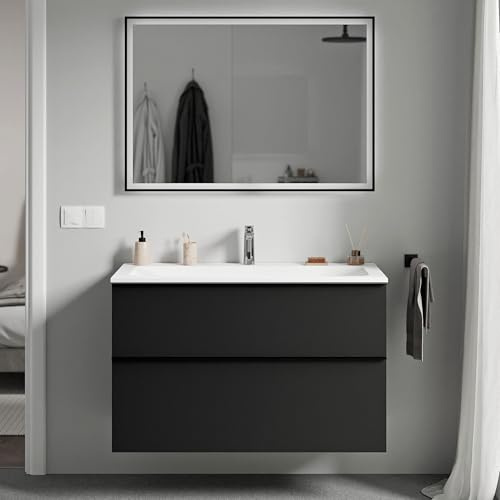 BERNSTEIN - Waschtisch zum Aufhängen, für Badezimmer, MDF, Schwarz, matt, Mineralguss, Weiß matt + Hahnloch, Griff aus Metall, Chrom, 80 x 46 x 62 cm – LAVOA