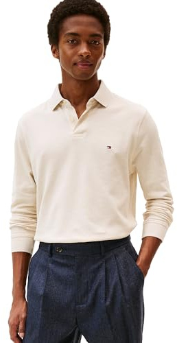 Tommy Hilfiger Men's Long Sleeve Polo Shirts in Regular Fit with Stretch and Organic Pique Cotton, Heathered Oatmilk, S