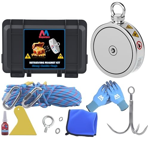 Magnetpro 900 KG Komplettes Abrufmagnet-Set, Doppelseitiges Angelmagnet | Enthält einen starken Neodym-Magneten, langlebiges 20-Meter-Seil, Karabiner, Handschuhe, Enterhaken und eine Tragetasche