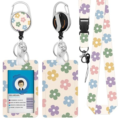 Blumen-Lanyards für Ausweis, Ausweishalter mit einziehbarem Rollenclip und Schlüsselanhänger, vertikale Ausweishülle mit Namensschild für Studenten, Lehrer, Krankenschwestern, Damen, Herren
