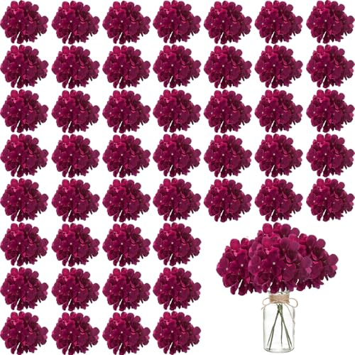 Künstliche Hortensien, künstliche Hortensien, Seiden-Hortensien, volle Blütenköpfe mit Stielen für Hochzeit, Zuhause, Party, Shop, Babyparty, Dekoration, Fuchsia, 100 Stück