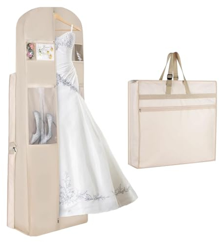 Wedding Dress Storage Bag,420D Waterproof Dress Cover Garment Bags Hanging,72 Folding Handles Travel Carriers&Protector Bags for Wedding and Feast with Large Pockets and Transparent Window
