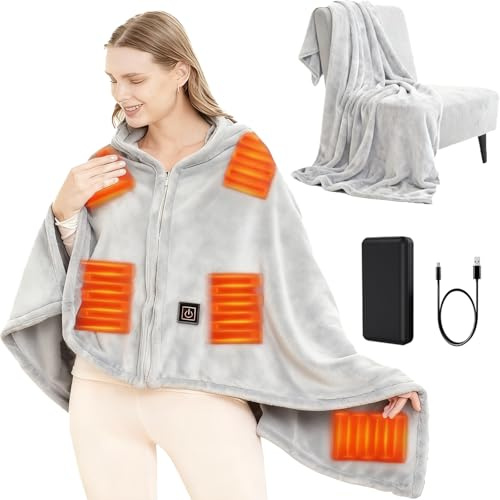 USB Heizdecke mit 10000mAh Akku, 150 x 80 cm Kabellos Heated Blanket, 3 Temperatursstufen, Flanell Einzelperson Electric Blanket Shawl, Wärmedecke für Büro Mittagspause, Outdoor-Reisen