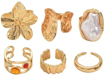 WGCHAIE Goldene Ringe Set, 6 Stück Set Retro Metall Blumen & Kristallringe, Vintage Knöchelringe mit Blumen, Perlen und Kristallen, für Damen Alltagsoutfit, Feiern, Partys