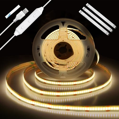 Enteenly COB LED Strip Light 2m, USB 5V TV Backlight with Dimmer and Memory Function, Dotless Dimmable LED Strip for TV Bias Lighting, Under Cabinet, Ambient Lighting, 4000K