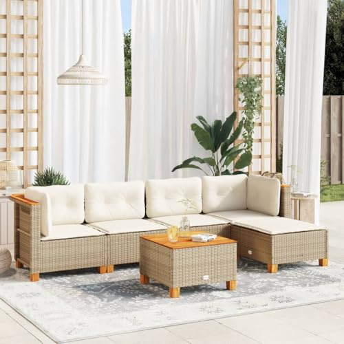LoogCape 6-TLG. Garten-Sofagarnitur, Beige Poly Rattan Outdoor Möbel Set mit Kissen, modulares Lounge-Sofa für Terrasse, Balkon und Garten