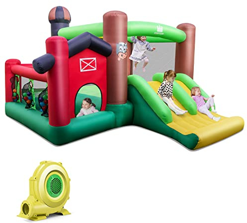 COSTWAY Castillo Hinchable para Niños con Soplador, Castillo Inflable Infantil con Dos Toboganes, Piscina de Bolas, Juego de Lanzamiento de Aros, Juego de Dianas y Canasta de Baloncesto, Tema Granjero