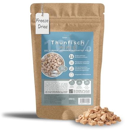 BARFAWAY Gefriergetrockneter Thunfisch Minis, 100% Purer Fisch, Hundeleckerli und Katzenleckerli, Getreidefrei, Zuckerfrei, Ohne Zusätze, 250g