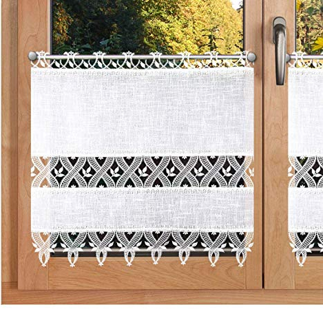 Scheibenhänger Landhausstil Rebecca hochwertige Vogtländische Spitze | Scheibengardine mit Käseleinen-Struktur weiß und Spitzenbesatz | feine, zeitlose Blatt- und Ornament-Stickerei HxB 60 x 86