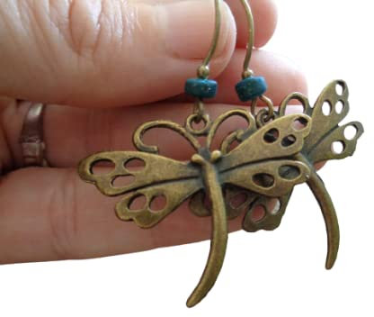 ⊹⊱☆ ★ BRONZE VINTAGE LIBELLE & TÜRKISES HOLZ RONDELL ★ ☆⊰⊹ bronze vintage Ohrringe, grossen Ohrhaken