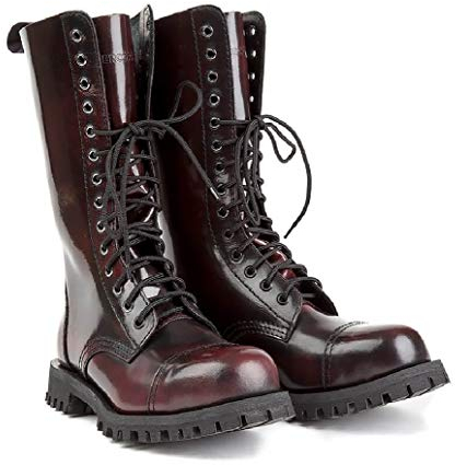 Altercore 552 Anfibi Stivali Militari Rosso Bordeaux Slavato Nero Pelle Unisex Donna Uomo 14 Buchi metà Polpaccio Army Punk Punta di Ferro Ranger