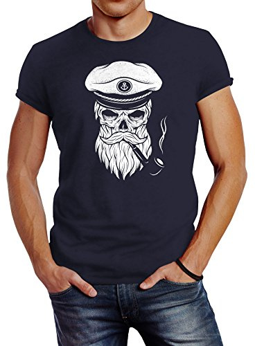 Neverless Herren T-Shirt Totenkopf Kapitän Captain Skull Bard Hipster Original Spirit Seemann Slim Fit Navy 5XL