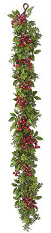 K&K Interiors 53475D 152,4 cm gemischte Buchsbaum-und rote Beeren-Girlande, Kunststoff, Grün