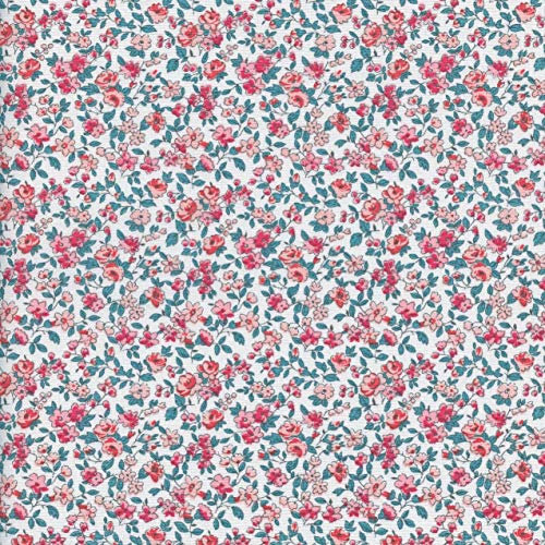 Textiles français Tissu de Coton imprimé | La Fleur de la liberté | Fleurs de Corail et Rose avec Vert sur Fond Blanc | Largeur: 160 cm (par mètre linéaire)*