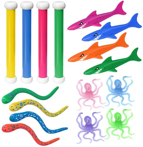 Xndryan Tauchspielzeug, Tauch-Pool-Spielzeug, Unterwasser-Spielzeug-Set enthält 5 Tauchstäbe, 4 Toypedo Bandits, 4 Tauchringe, 2 Wasserpistolen für Kinder, lustiges Tauchspielzeug, beste Geschenkidee