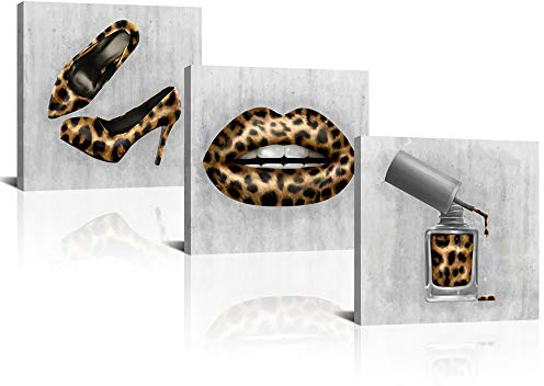 Derkymo 3-teiliges Make-up-Bild, Wanddekoration, Salon, Mode, Leinwand-Kunst, Leopardenmuster, High Heels, Lippen und Nagellack, Gemälde, fertig zum Aufhängen, 30.5 x 30.5 x 30.5 x 30.5 cm