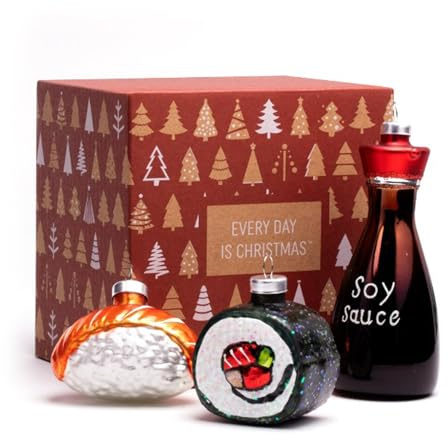 Every Day is Christmas Glass Blown Ornaments Cute Hand Made Figurines Tree Decoration, Set of 3 pcs Sushi Kit with Rolls and Soy Sauce