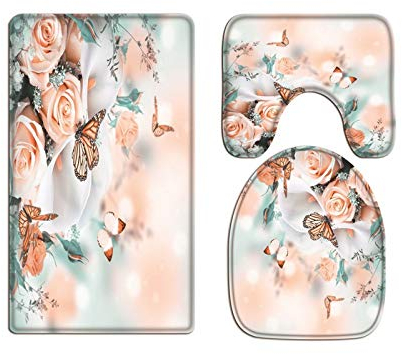 A.Monamour Badezimmer Badematte 3 Teilig Set Rosa Rosen Weiße Calla Lilien Blumenstrauß Schmetterling Flanell WC Toilette Deckel Deckt Bad Matte Teppich Badteppiche Badvorleger Badgarnitur Vorleger