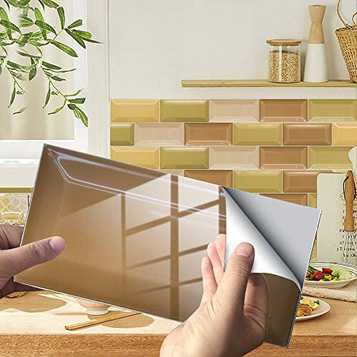 Hiseng 24/48pcs Kitchen Bathroom Marble Wall Tile Stickers, DIY Rectangle Mosaic Rock Style Decals Sticker for Kitchen Living Room Bathroom Home Decor Self-Adhesive (Marble yellow,48pcs)