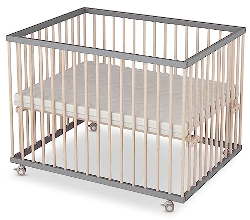Sämann Laufstall Baby 75x100 cm mit Matratze | TÜV geprüft 2023 | stufenlos höhenverstellbar | Laufgitter Premium | Babybett aus Holz | Krabbelgitter grau/natur