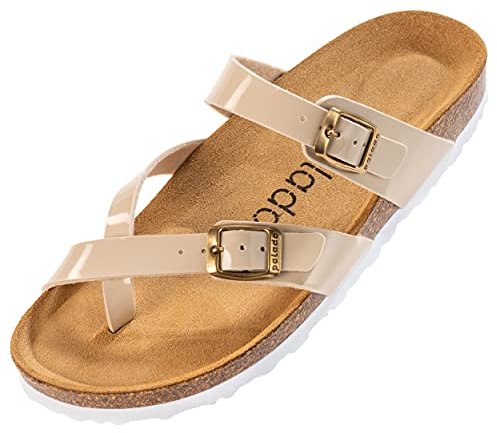 Palado Pantoletten Damen Cres Lack – bequeme Sandalen Made in Spain - Hausschuhe mit dampfendem Kork-Fußbett - modische Sommerschuhe Cream UK7 - EU40