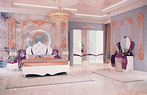 Camera da Letto Barocco Elegante Stanza Matrimoniale Viola Lucido E Bianco Lucido con Letto con Testiera in Parte Imbottita E Contenitore Comodini Mobiletto Ed Armadio con Ante Battenti CDLI14