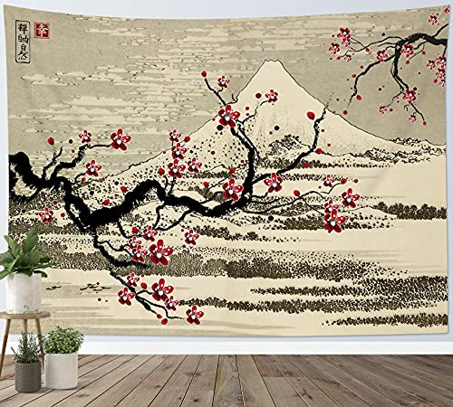 LB Wandteppich Japanischer Berg Fuji Wandtuch Rote Kirschblüte Wandbehang Vintage-Bild Tapisserie für Wohnzimmer Schlafzimmer Wohnheim Wanddeko,200x150cm