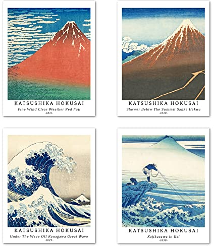 Kunstdruck Ungerahmt Japanese Ukiyo-e Bilder Set von 4, Poster Größe: 20x25 cm Premium Kunstpapier Wanddeko Die große Welle vor Kanagawa Berg Fuji Passenden Kinderzimmer Deko Katsushika Hokusai Prints