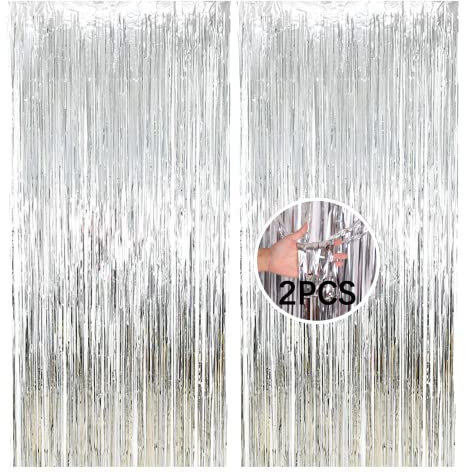 AMZJIMTOP Silver Tinsel Foil Fringe Curtain Party Decorations 2Pcs 3.3ft *6.6ft Metallic Tinsel Curtains Streamers Party Backdrop Foil Curtain for Birthday Party Wedding Holiday Decoration