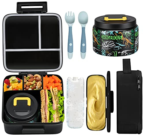JXXM Bento Lunch Box for Kids With 8oz Soup thermo,Leak-proof Lunch Containers with 5 Compartment,thermo Food Jar and Lunch Bag, Food Containers for School (A-Black(Dinosaur Fossil))