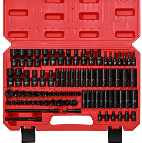CASOMAN 1/4 Inch Drive Master Impact Socket Set with Adapters, U-Joint, Extensions & Torx Socket, 86-Piece, 6-Point, SAE/Metric, Standard/Deep, CR-V