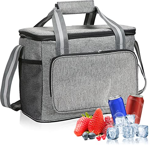Aoreun Bolsa Termica Porta Alimentos, 15L Bolsa Térmica Gran Capacidad, Impermeable Nevera Portatil Bolsa Isotermica Plegable, Bolsa Nevera para Oficina Playa Viaje Picnic Camping Barbacoa-Gris