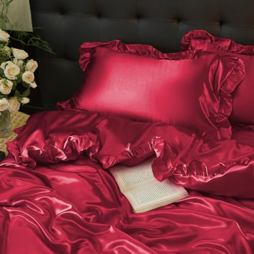 Sedefen Satin Bettwäsche Set 135x200cm mit Rüschen Rot Burgund Glatt Glänzend Luxus Seide Bettwäsche Set Kühlender Uni Sommer Bettbezug mit Reißverschluss und Kissenbezug 80x80cm