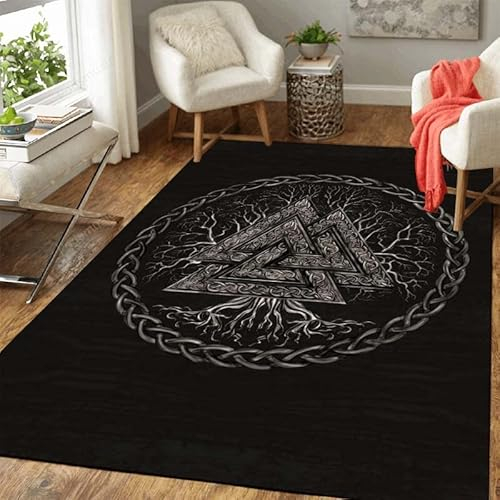 HERENI Wikinger Runen Teppich keltischer Knoten Krähe Kurzflor Teppich für Wohnzimmer Schlafzimmer Esszimmer Kinderzimmer rutschfest Waschbar Verblasst nicht Rechteck Teppiche pflegeleicht 160x230 cm