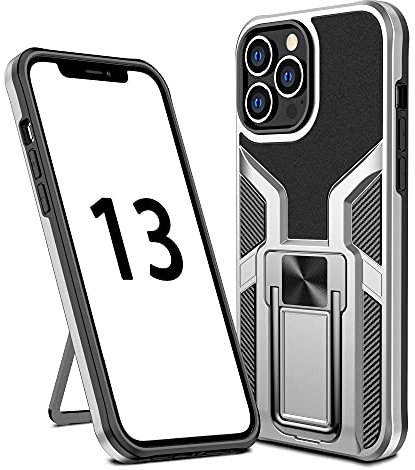 SharkProten ShockProof Case for iPhone 13 Pro Max Case Cover with Holder Kickstand, Heavy Duty Protective Bumper Armour Phone Shell with Magnetic - Silver