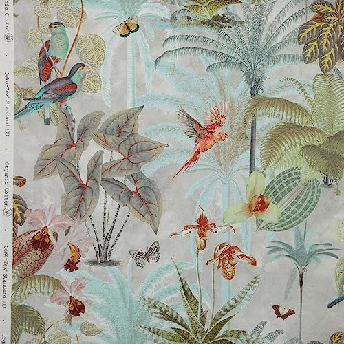 Kt KILOtela - Digitaler bedruckter Segeltuchstoff, Halbpanama Bio-Baumwolle, Dekoration, Polsterung, Kissen, Tischdecken, 100 cm Länge x 280 cm Breite, Tropical Tribute, Grau - 1 Meter
