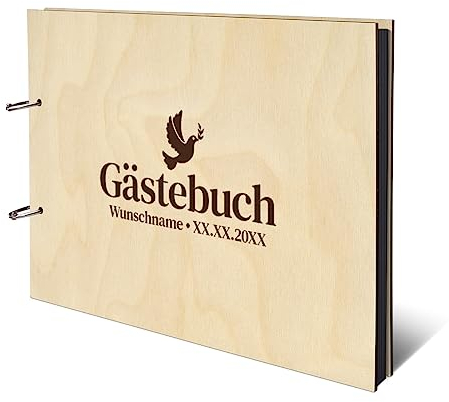 Personalisiertes Fotoalbum Taufe Konfirmation Kommunion echtes Holz DIN A4 Kondolenzbuch mit Lasergravur - Friedenstaube - mit 25 Blatt / 50 Seiten Fotokarton Schwarz