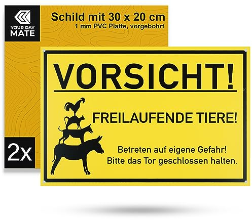 Panneau de signalisation ATTENTION ! ANIMAUX EN LIBERTE !, 2 pcs, 30 x 20 cm, panneau en PVC de 1 mm d'épaisseur avec trous de perçage, Attention animaux domestiques panneau, garder portail fermé