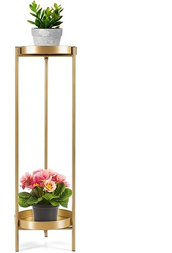 GiantexUK 80cm Metal Plant Stand, 2-Tier Freestanding Flower Holder Rack with Trays, Outdoor Indoor Decorative Flower Pot Display Stand for Bedroom Living Room Patio Balcony, Gold
