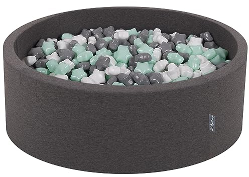 KiddyMoon Rund Bällebad Bällepool 90X30cm/300 Sterne 6Cm Ballgruben Für Babys Spielbad Kleinkinder, Hergestellt In Der EU, Dunkelgrau: Weiß-Grau-Mint