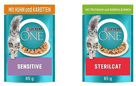PURINA ONE Sensitive Katzenfutter nass, zarte Stückchen in Sauce mit Huhn, 26er Pack (26 x 85g) & STERILCAT Katzenfutter nass, zarte Stückchen in Sauce