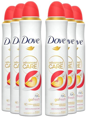 Dove Deospray Advanced Care Go Fresh Pfirsich, mit feuchtigkeitsspendender und hautfreundlicher Formel, ohne Alkohol, trockene Haut bis zu 72 Stunden, Deodorant für Damen und Herren, 6 Stück à 200 ml