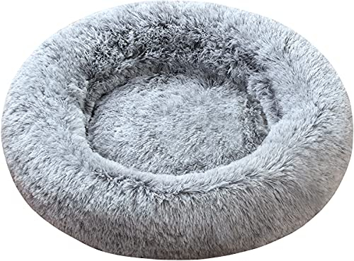 Comlax Beruhigende Donut Hundebetten XXXL, Rundes Kissen mit abnehmbarem waschbarem Bezug, Anti-Angst-Kunstfell-Kuscheltier, Flauschiges, bequemes, pelziges Haustierbett (115cm, Grau)