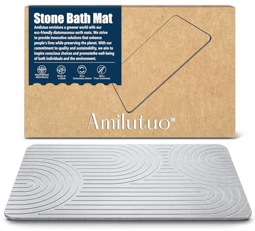 Amilutuo Badematte Stein, Diatomite Stone Bath Mat, rutschfeste Stein Badematte Schnelltrocknend, Werten Sie Ihr Badezimmer mit Dieser Saugfähigen Badematte (Wellen Grau)