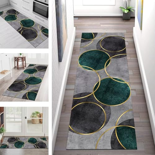 Teppich Läufer Flur Lang Küchenteppich Rutschfest Waschbar Küchenläufer Grau Grün Korridor Flurläufer 110X280CM Teppichmatten Dauerhaft Schlafzimmer Wohnzimmer Meterware Teppichläufer Anpassbar