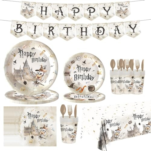 Wizard - Set di 82 piatti di carta Wizard, tovaglioli, tovaglioli, tovaglioli, tovaglia e striscione Happy Birthday per feste di Wizard