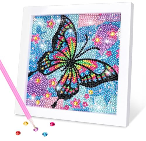 OWill Diamond painting enfant,Papillon broderie diamant kit complet avec Cadre en Bois,5D DIY peinture diamant kit,Jouets artisanaux de peinture diamant pour filles enfants débutant(15x15cm,bleu)